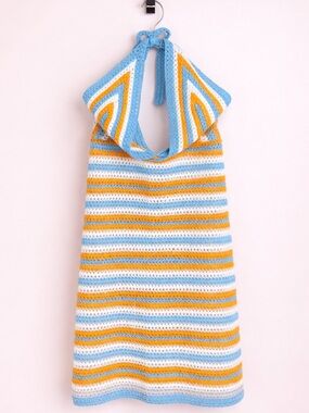 Double Zero Striped Crochet Halter Dress in Blue, White & Yellow